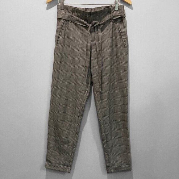 Zara Trafaluc Black And White Plaid Paper Bag Belted Trouser Pants - Picture 4 of 15